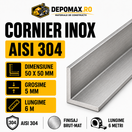 Cornier inox AISI 304, 50 x 50 x 5 mm, 6 metri